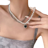 Link Chain Pearl Heart Pendant Necklace
